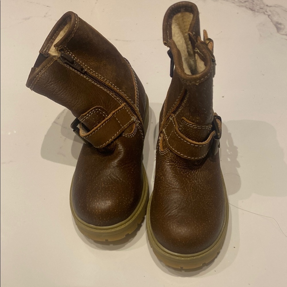 Roots Toddler Brown Leather Ankle Boots with Velcro Strap